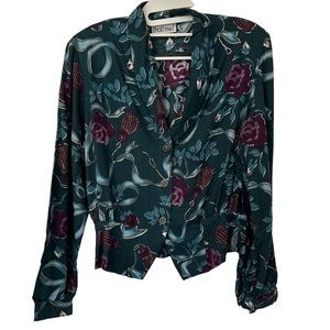 That’s Me! Women’s Dark Floral Vintage Jacquard Hunter‎ Green Top Size S